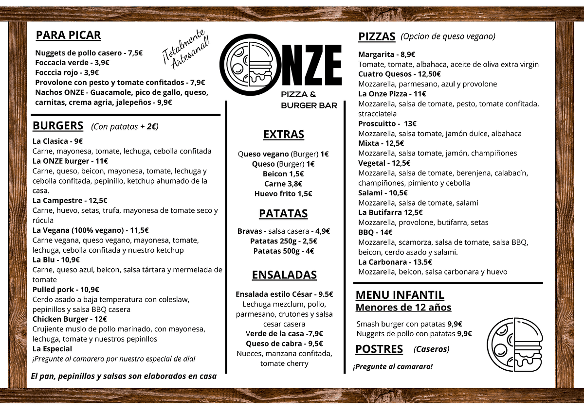 La carta — Onze Pizza Burger Bar